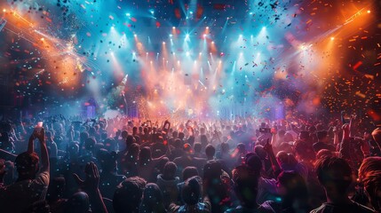 Panoramic, hyperrealistic image of a lively night club crowd, bathed in the glow of colorful stage lights with smoke and confetti enhancing the dark, cinematic atmosphere,