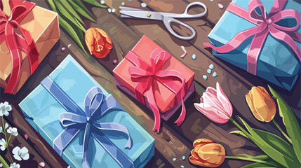 Gift boxes wrapping paper scissors and tulip flowers