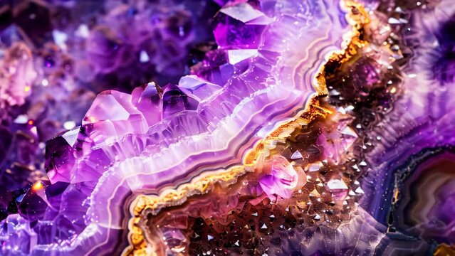 A closeup image of an amethyst slice of a geode