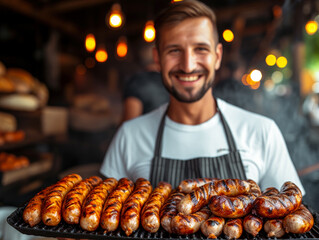 Man holds tray with grilled sausages on blurred background of kitchen of outdoor cafe. Young handsome smiling chef demonstrates freshly prepared meat delicacies. Delicious food.