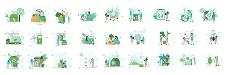 Vector set with flat illustrations on a white isolated background on the theme of ecology and environmental protection, clean energy production, biofuel, clean wind and solar energy.