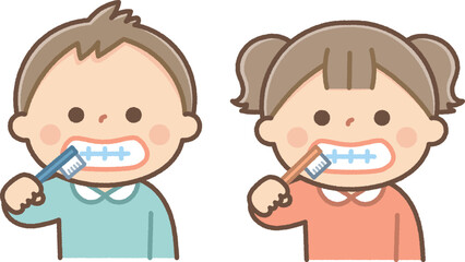 歯磨きをする男の子と女の子