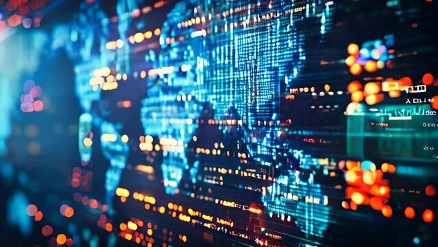Program code lines and world map on a futuristic screen