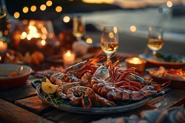 Seafood feast by the coast, vibrant and appetizing.