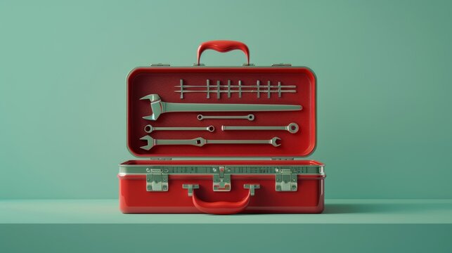 Realistic view of a vibrant red toolbox open on a cool mint backdrop, focusing on the detailed arrangement of tools, suitable for maintenance guides