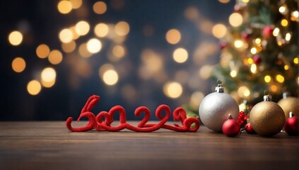 Merry Christmas and Happy New Year, Holidays greeting card with blurred bokeh background
