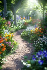 Beautiful garden a path with colorful flowers, dreamy background.
