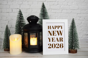2025 Happy New Year Holiday background with pine tree and lantern on white brick wall