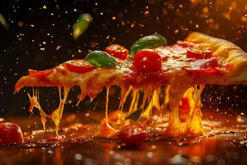 A slice of tasty pizza is flying out on a black background.