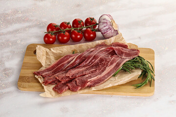 Raw beef bacon for cooking