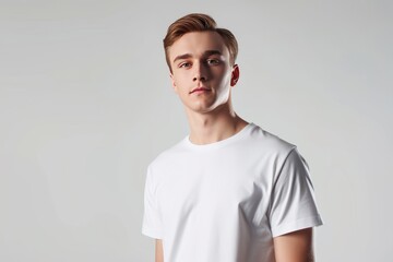 A young man in a white t shirt on a white background.