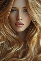 A portrait of a beautiful woman with long wavy blonde hair.