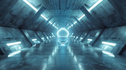 Sci-fi inspired futuristic tunnel in a grunge concrete setting, with reflective flooring and glowing blue-white LED lights, perfect for 3D renderings of advanced urban environments
