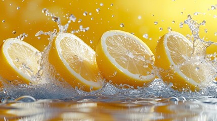 Two lemons in a splash of water on a yellow background.