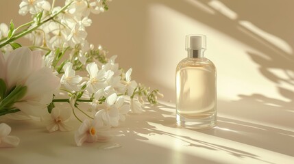 A bottle of perfume and a sprig of tuberose in the sun's rays