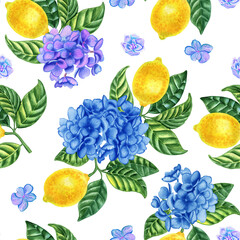 Blue hydrangea and yellow lemons seamless watercolor pattern. Hand drawn flowers and fruits endless background. Summer print for fabric and wallpaper.