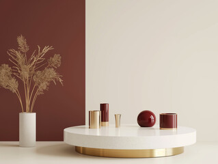 3D podium display, beige background with burgundy red stairs pedestal stand and mirror. Beauty, cosmetic product promotion with reflection. Minimal Studio scene art deco abstract step 3D render mockup