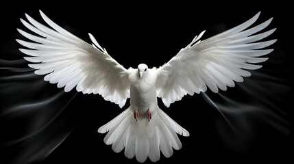 Fototapeta premium dove, wings, angel, white, black, background, detailed, graceful, curve, love, freedom, intricate, delicate, smooth, soft, serene, calm, tranquility, light, purity, spirituality, motion, movement