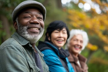 Portrait of happy senior couple in autumn park. They are looking at camera and smiling