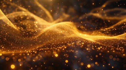 Golden glitter particles and dots abstract wavy background. Generative AI
