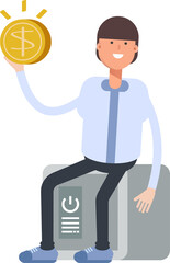 Businessman Character Sitting on Safe and Holding Dollar Coin
