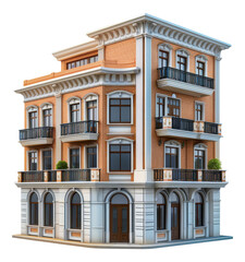 Fototapeta premium Classic corner building with ornate balconies, cut out - stock png.