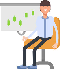 Businessman Character Presenting Candlestick Chart
