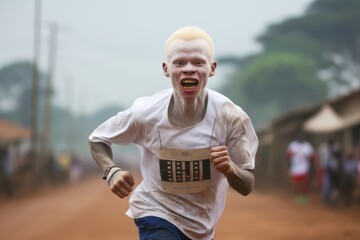 
Albino athlete competing fiercely in a local marathon, his determination and perseverance a testament to the strength of the human spirit.