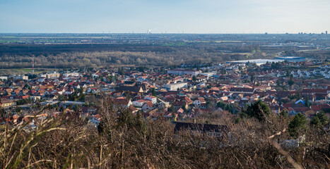 View of the valley with the city, meadows, fields and forests.