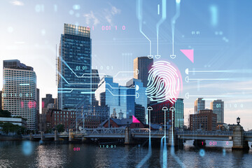 Boston cityscape with holographic technology overlay, light digital graphic style, water and urban...
