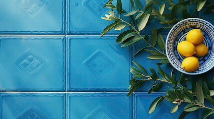 Olive branch and lemon on background of blue ceramic tiles. Empty copy of space and template. Middle Eastern ingredients and citrus fruits - Powered by Adobe