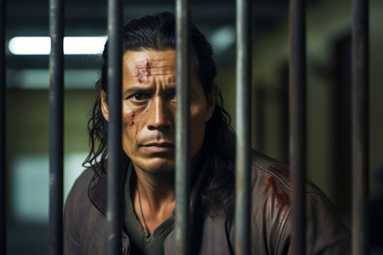 Native American male prisoner, aged 40, with a thoughtful expression that reflects the complexity of his experiences within the prison system