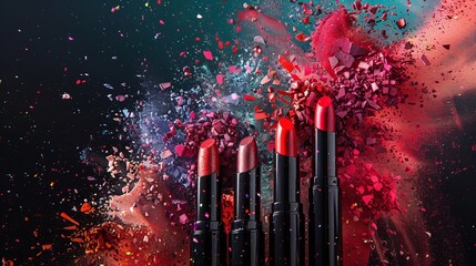 Highimpact makeup explosion with colorful lipsticks and eye shadows artistically strewn across an abstract backdrop, ideal for beauty promotions,