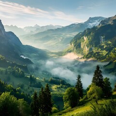 Majestic landscape of the Swiss mountains with towering peaks and lush green valleys.