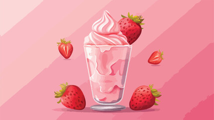 Glass with tasty strawberry ice cream on color background