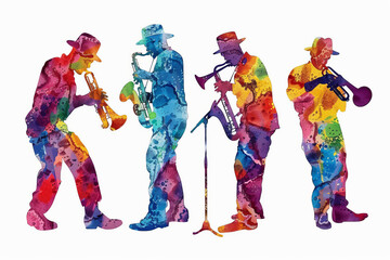 Colorful jazz band musicians performing on a vibrant street