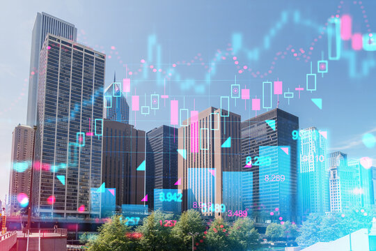 Chicago skyline with futuristic holographic overlay, digital graphics, on a clear day background. Technology and business concept. Double exposure