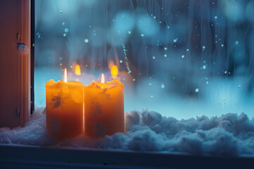 A burning candle on a windowsill during winter, with additional heating devices needed due to extreme temperatures.

