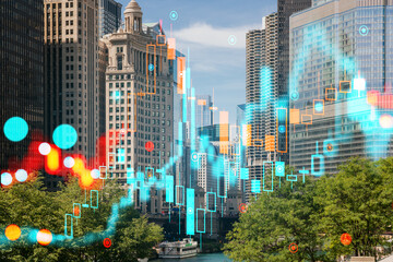 Chicago cityscape with a digital hologram overlay, showcasing futuristic technology concepts on a...