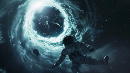 Astronaut in space floating towards a massive black hole