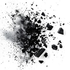 Explosion of black chalk pieces and dust, isolated on white background.
