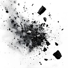 Explosion of black chalk pieces and dust, isolated on white background.