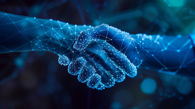 Digital hands in handshake symbolizing futuristic networking