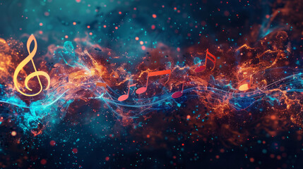 Vibrant musical notes floating in a cosmic space