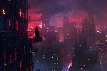 Obraz premium Solitary figure overlooks a futuristic, neon-lit cityscape at night
