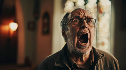 Naklejka premium Elderly man expressing shock and surprise indoors