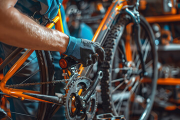 Cyclist mechanic repairs bicycle in workshop. Bike maintenance and repair service