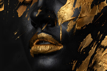 Glamorous abstract minimalistic black with gold metallic fashion background with a woman's face