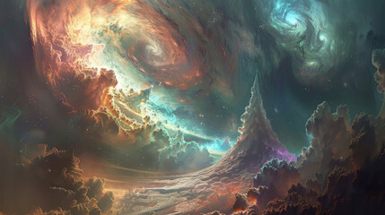 Surreal cosmic landscape with swirling galaxy and mystical forest