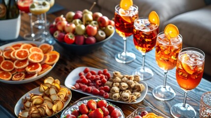 A spread of game day snacks on a coffee table with a variety of mocktails and zeroalcohol cocktails served in fancy glasses. - obrazy, fototapety, plakaty